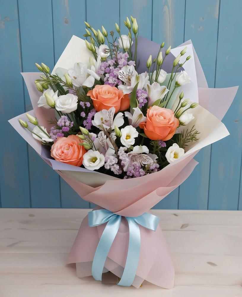 Букет цветов из: Лизиантусы, Розы, Альстромерии и Гипсофила в Середейском