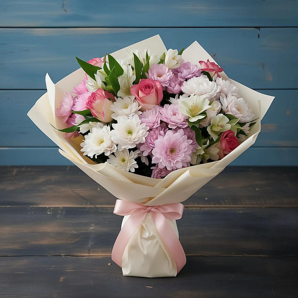 Букет цветов из: Хризантемы, Альстромерии и Розы в Середейском